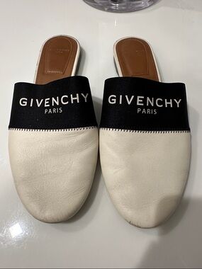 Givenchy White Leather Slip-On Mules with Black Logo Band size 6.5